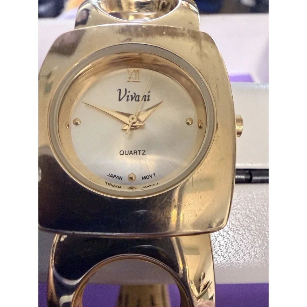 Vivani Watch Women Gold Tone Hinged Bangle Cuff Band New Battery